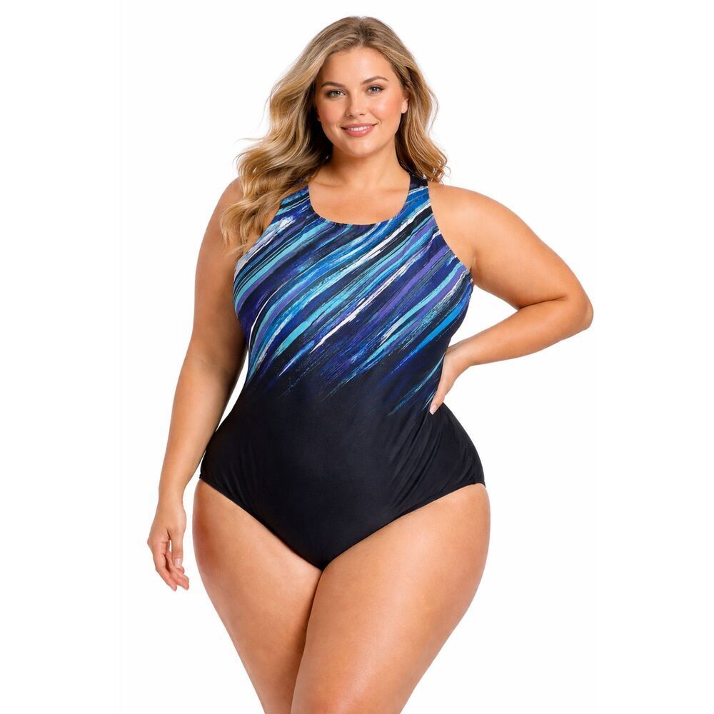 Swimsuits For All Black & Blue One Piece Swimsuit Size 28 NWT *